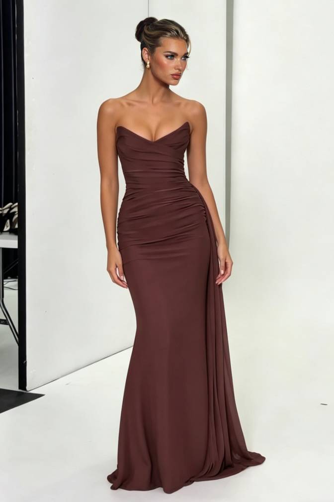Strapless Pleated Ribbon Design Maxi Dress