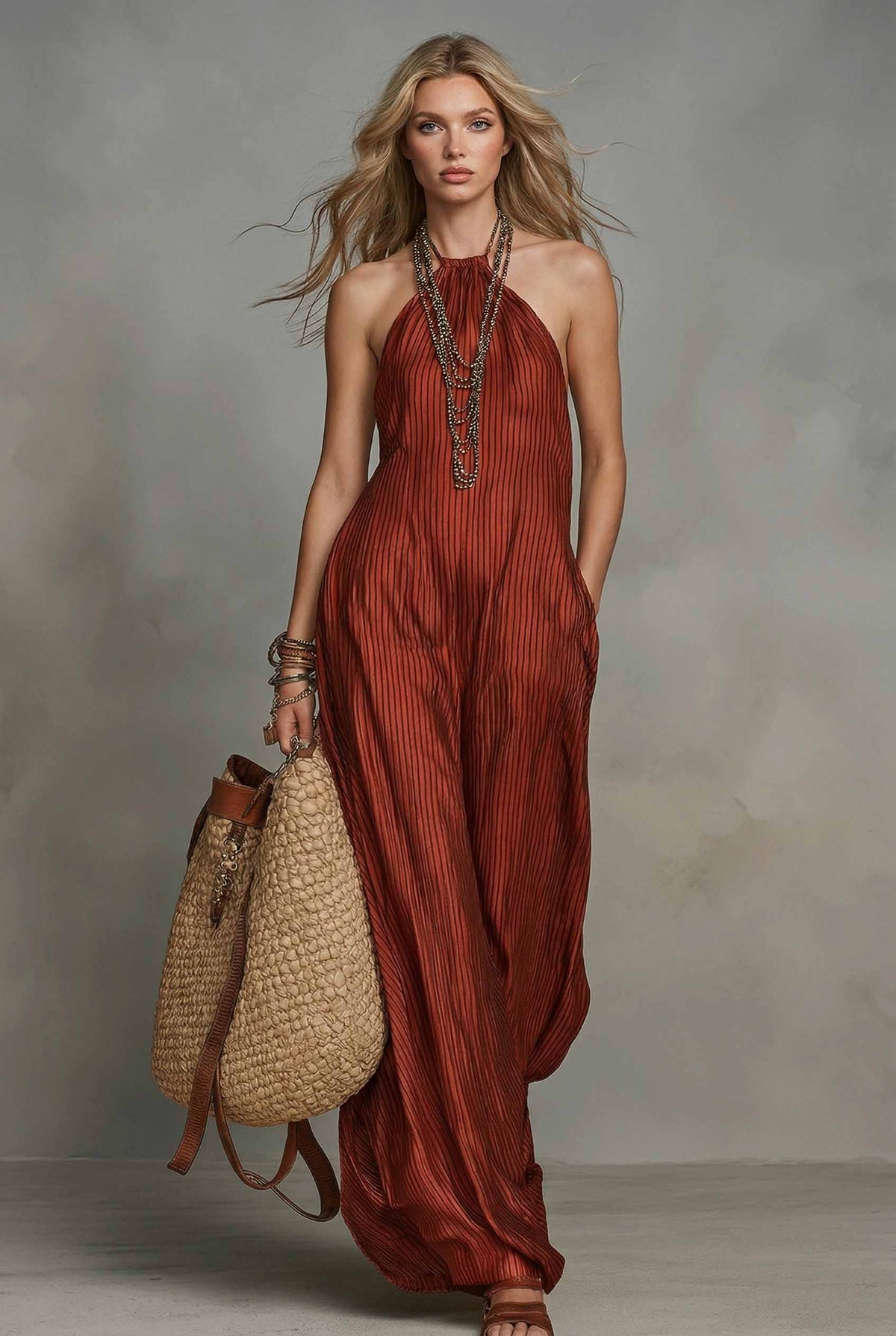 Gestreiftes Maxikleid mit Neckholder