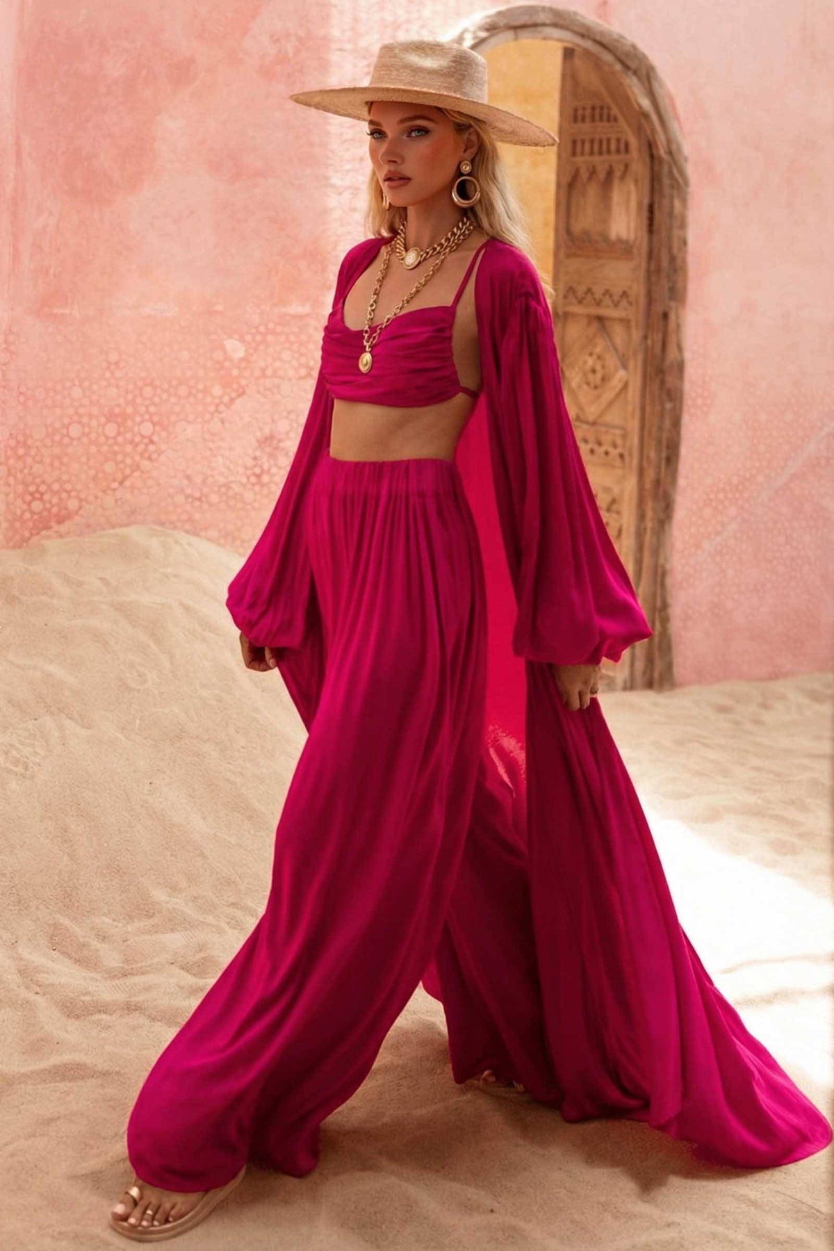Sling Top And Wide-leg Pants and Jacket Three-piece Set