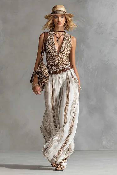 Set con gilet leopardato e pantaloni a gamba larga a righe