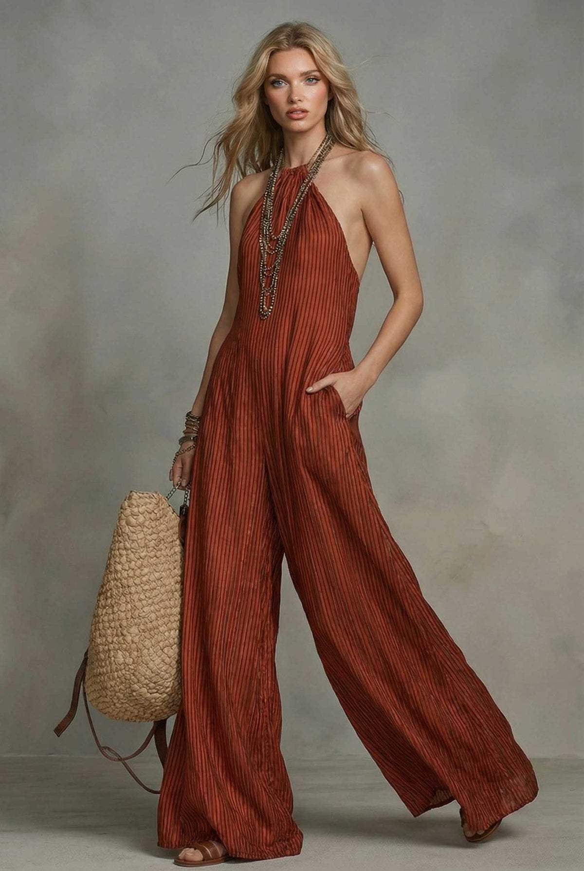 Gestreiftes Maxikleid mit Neckholder