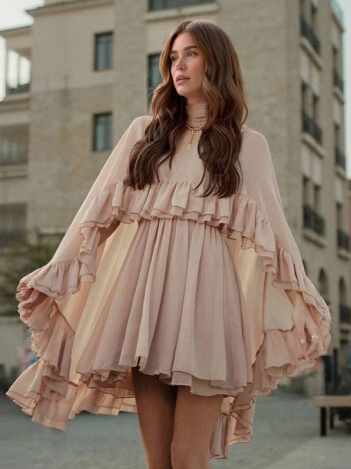 Semi-Sheer Chiffon Ruffle Cape And Mini Dress Suit