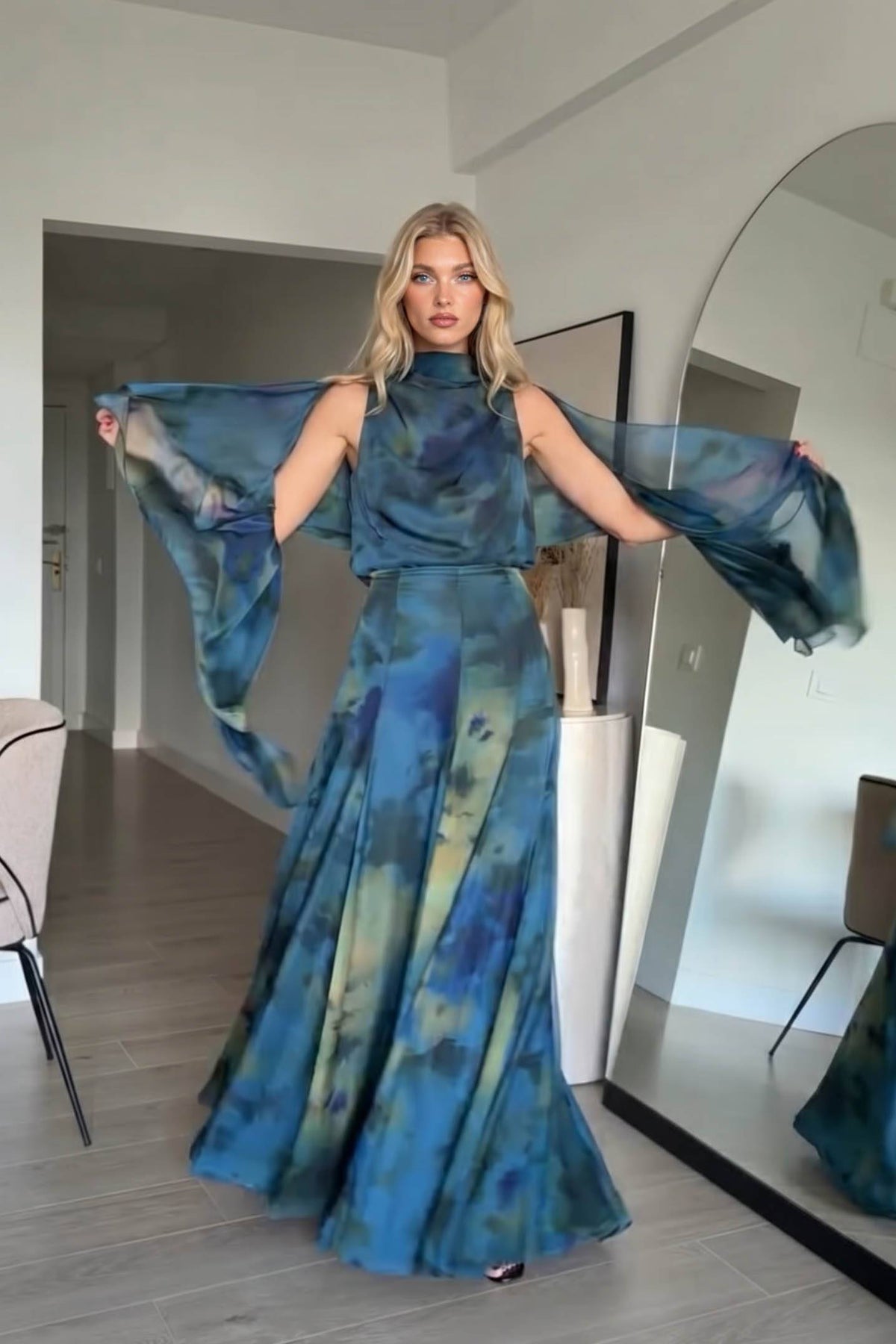 Asymmetric Design Printed Top Scarf And Skirt Set