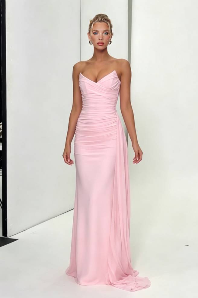 Strapless Pleated Ribbon Design Maxi Dress