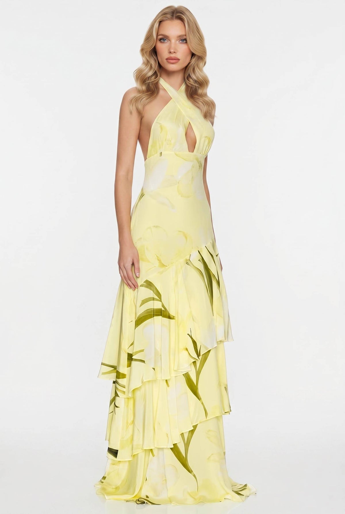 Vestido largo estampado con cuello halter