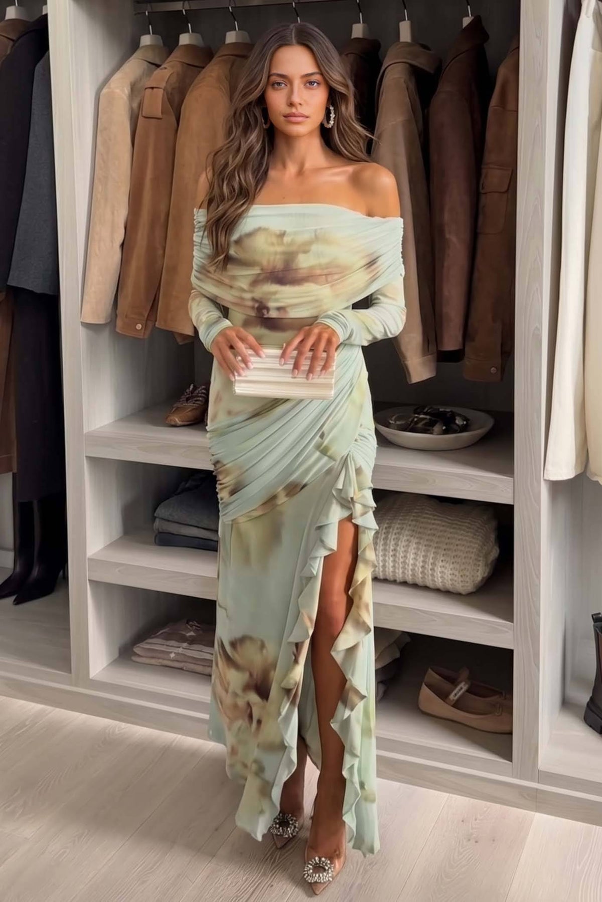 Bedrucktes schulterfreies Maxikleid mit Schlitz