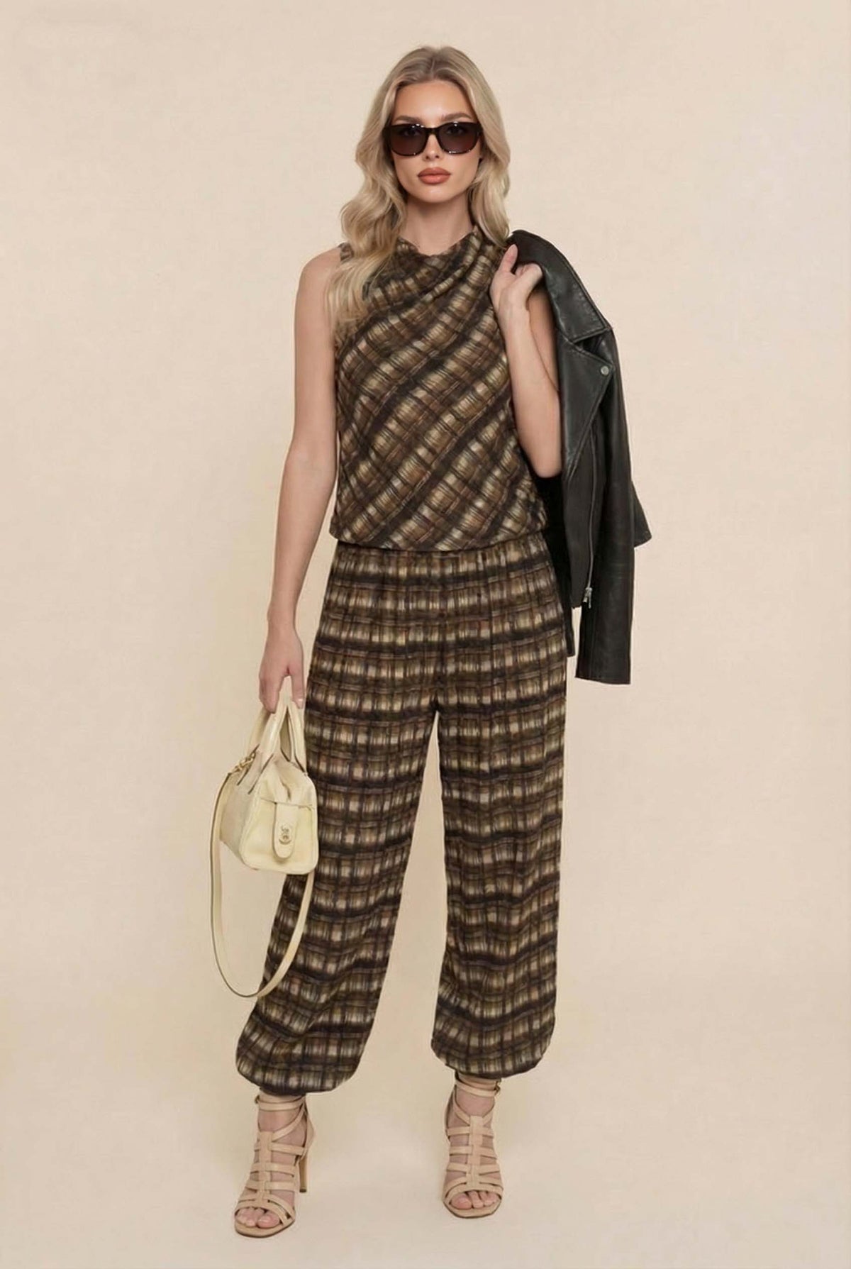 Set aus Oberteil mit Karomuster und Wasserfallausschnitt sowie Hose