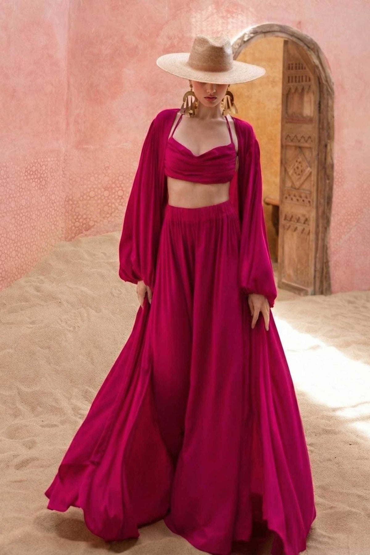 Sling Top And Wide-leg Pants and Jacket Three-piece Set