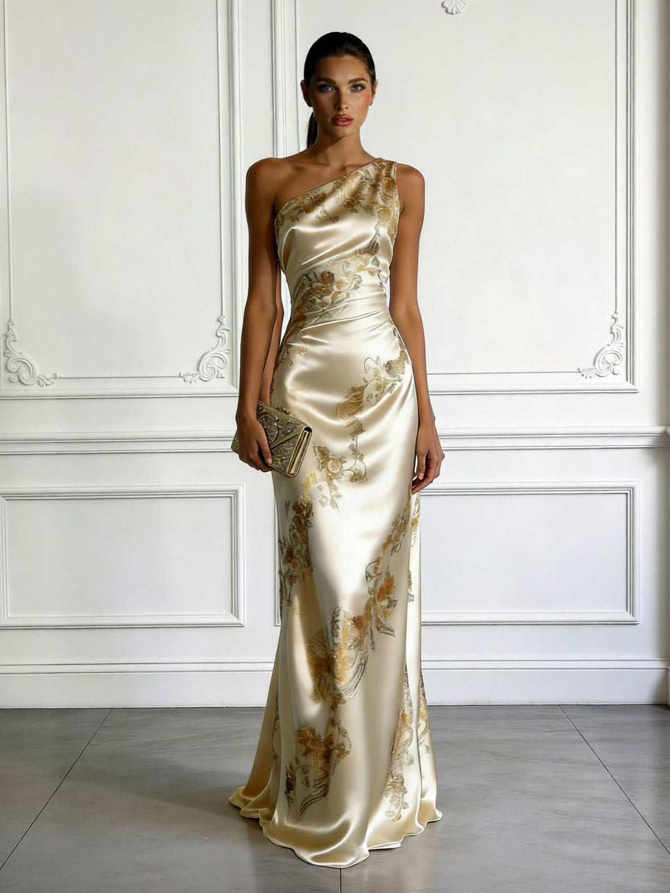Elegantes One-Shoulder-Maxikleid aus Satin mit Blumenmuster