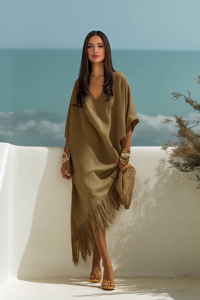 V-Neck Tassel Design Maxi Dress