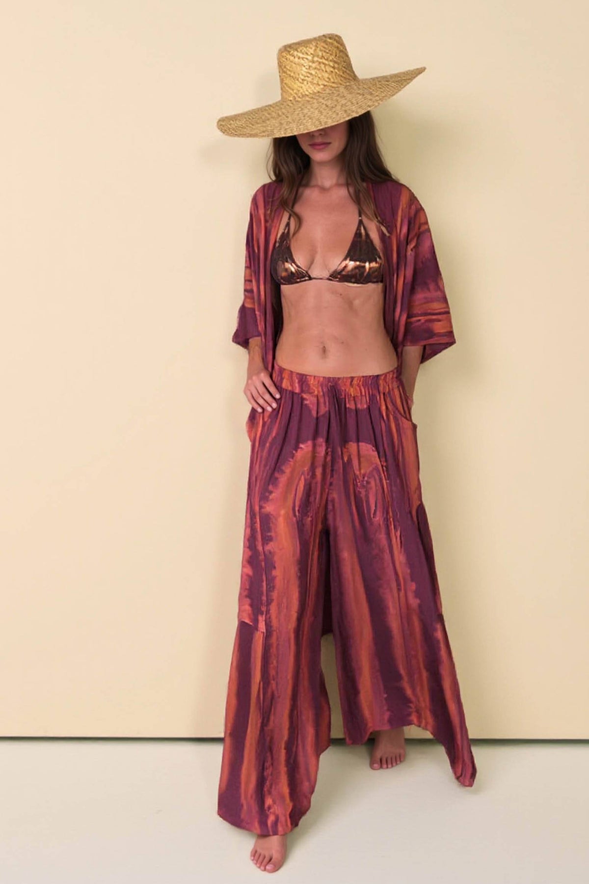Printed Cardigan And Wide Leg Pants Set