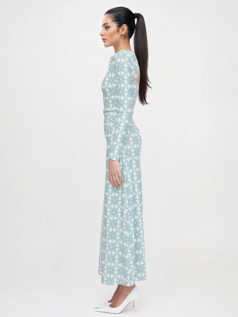 Robe longue ajustée à imprimé géométrique sobre