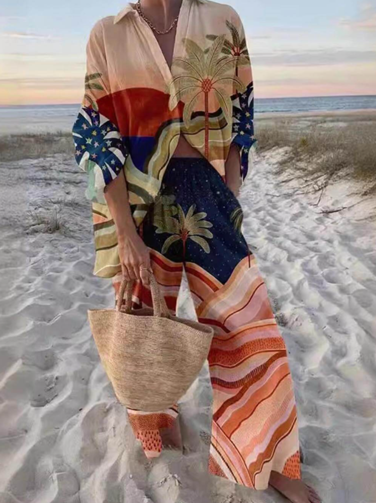 Completo tropicale retrò a due pezzi con camicia stampata e pantaloni a gamba larga