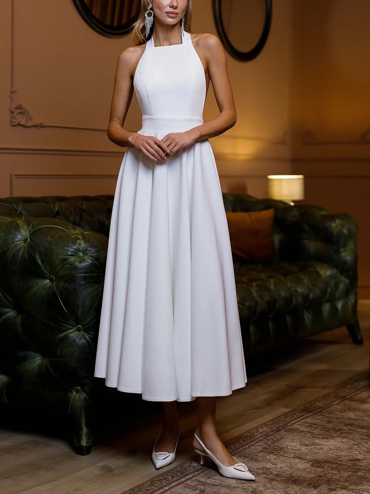 Elegant Halter Neck A-Line Midi Dress