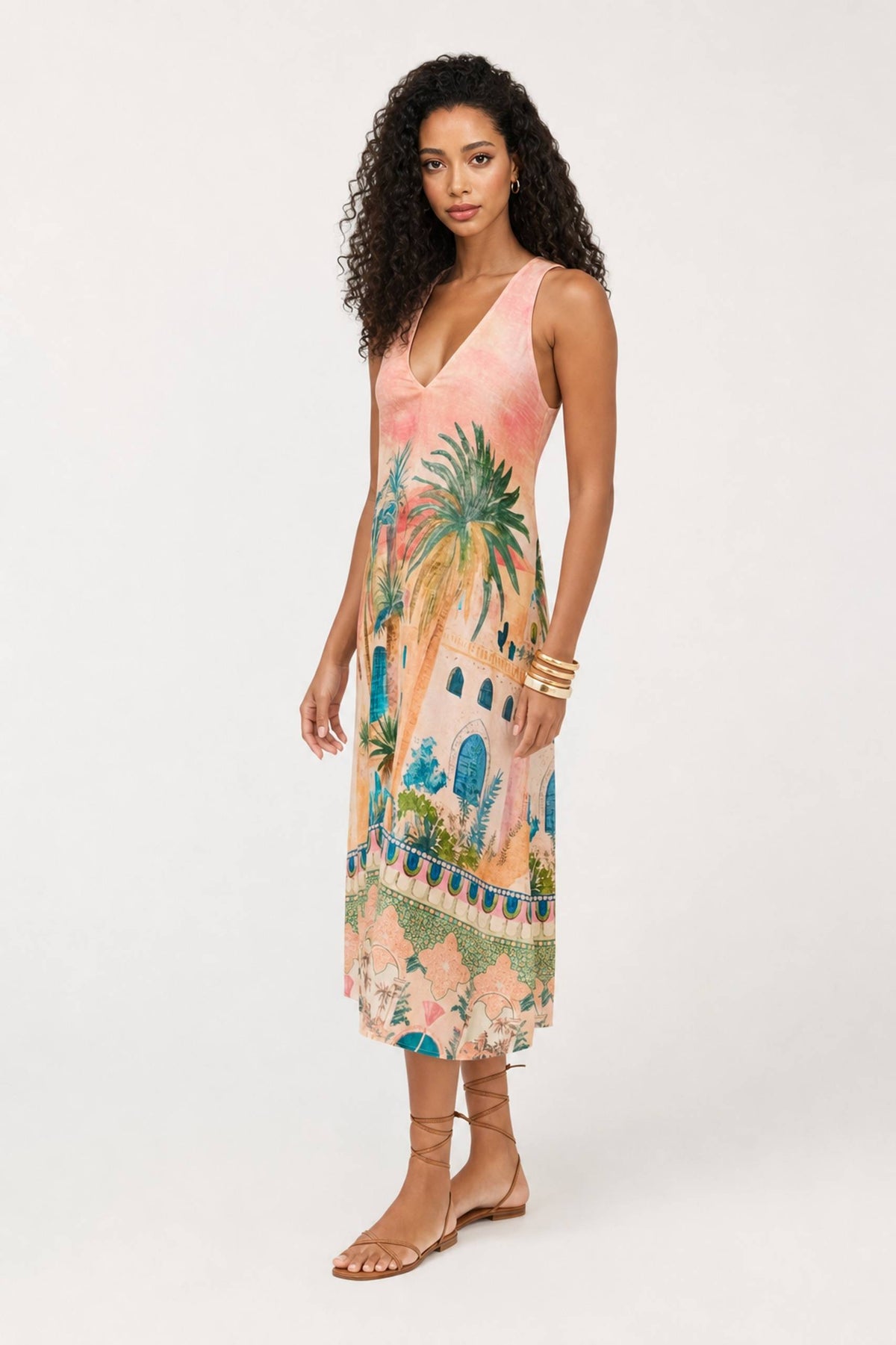Ärmelloses Midi-Kleid mit V-Ausschnitt und architektonischem Palmenprint im Urlaubsstil