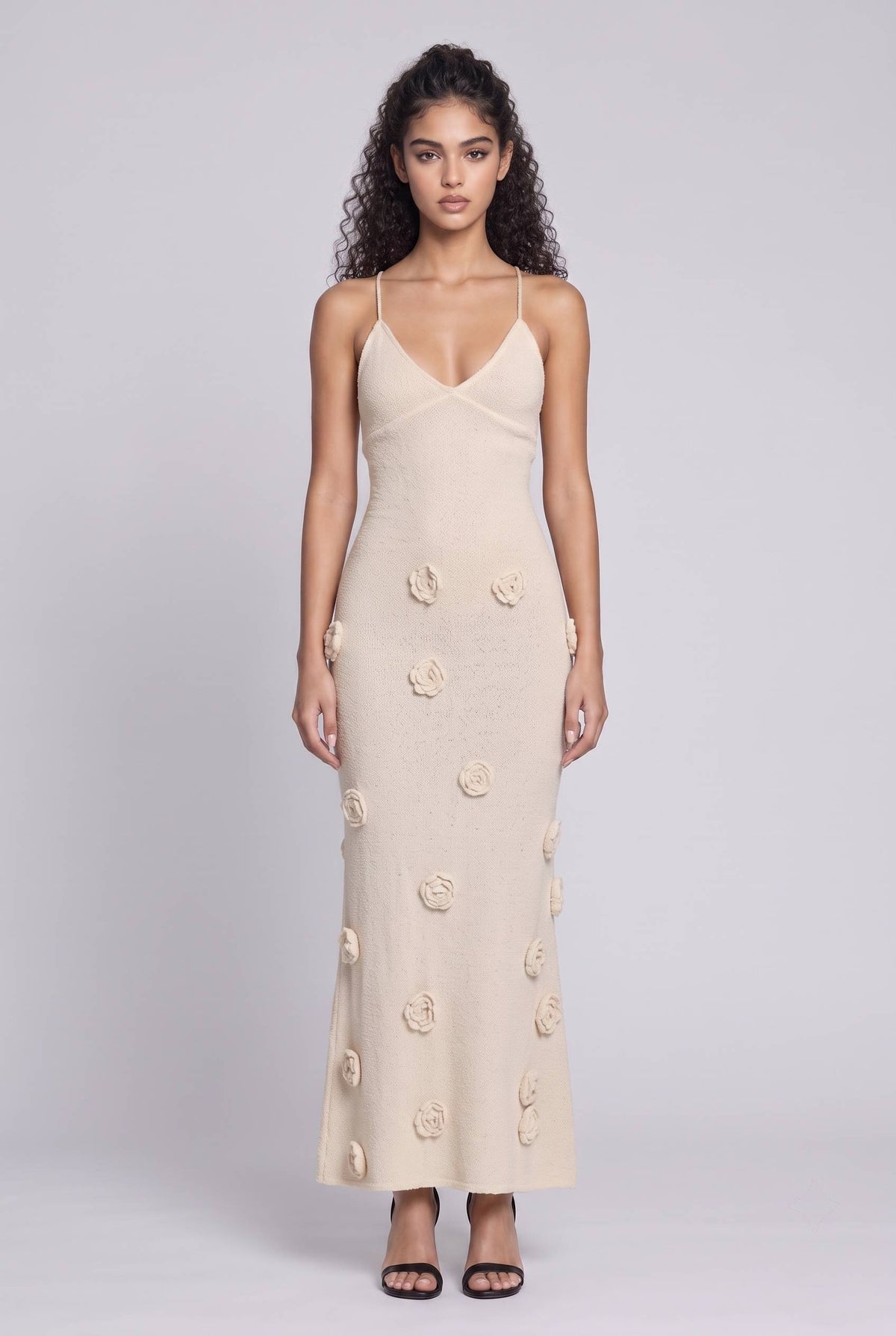 Vestido maxi de malha com alças florais