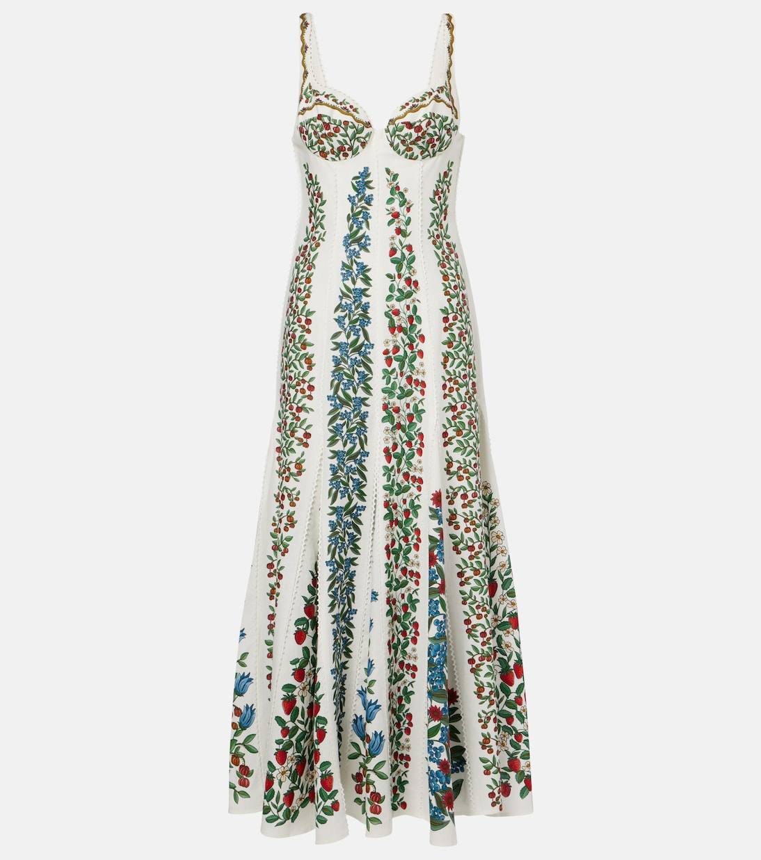 Blumiges Korsettkleid mit Beeren- und Blumenprint, Spitzeneinsätzen und eckigem Rückenausschnitt