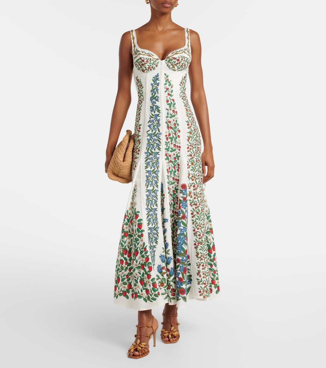 Blumiges Korsettkleid mit Beeren- und Blumenprint, Spitzeneinsätzen und eckigem Rückenausschnitt