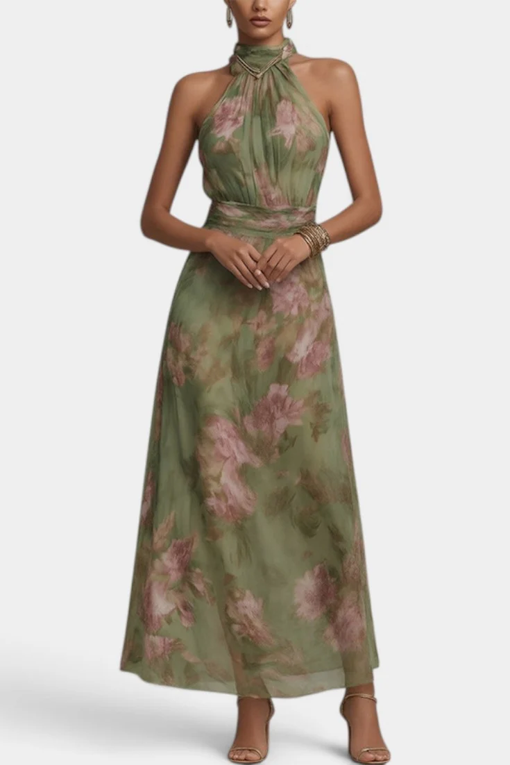 Elegante maxiabito a fiori con scollo all'americana, vita arricciata e orlo asimmetrico