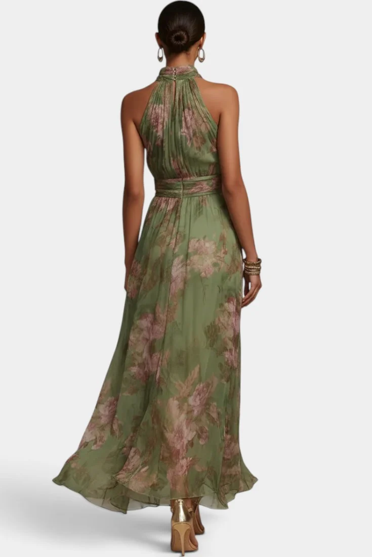 Elegante maxiabito a fiori con scollo all'americana, vita arricciata e orlo asimmetrico