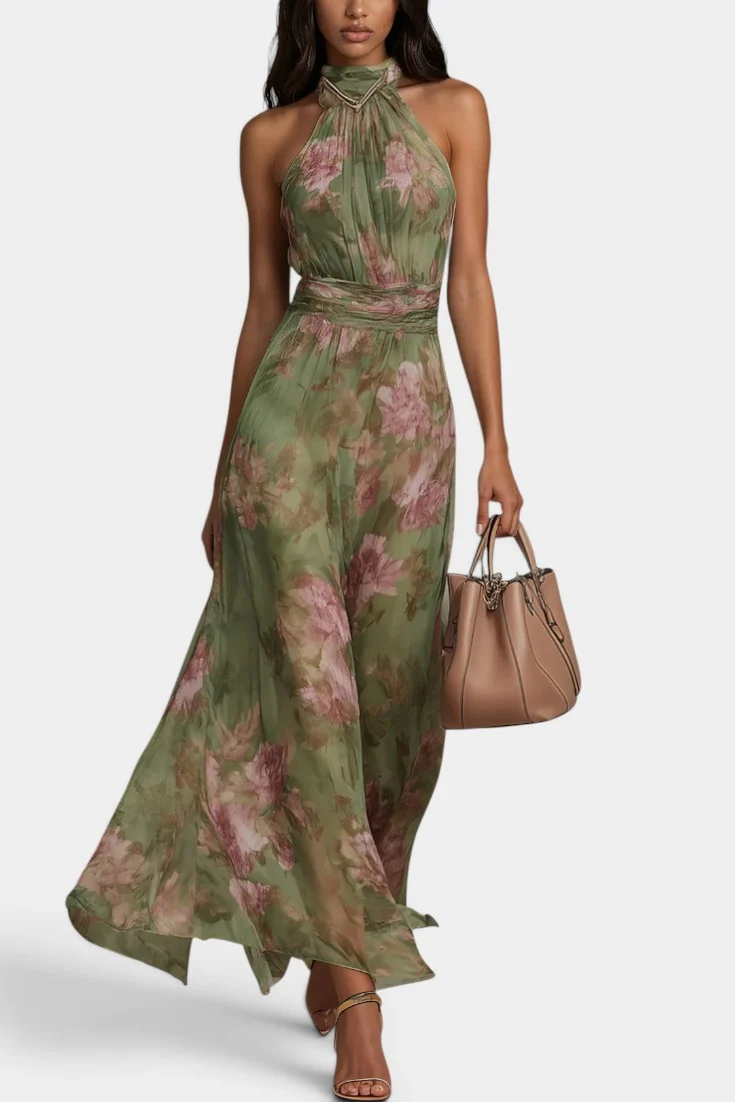 Elegant Halter Neck Floral Print Maxi Dress With Ruched Waist & Asymmetrical Hem