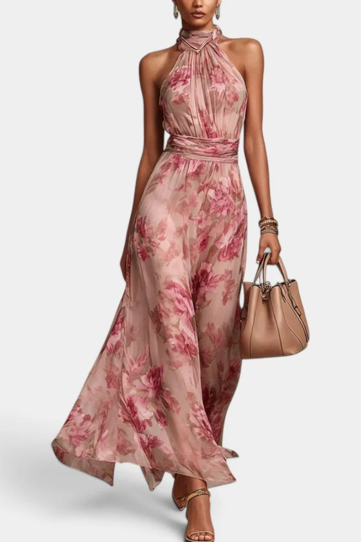 Elegant Halter Neck Floral Print Maxi Dress With Ruched Waist & Asymmetrical Hem