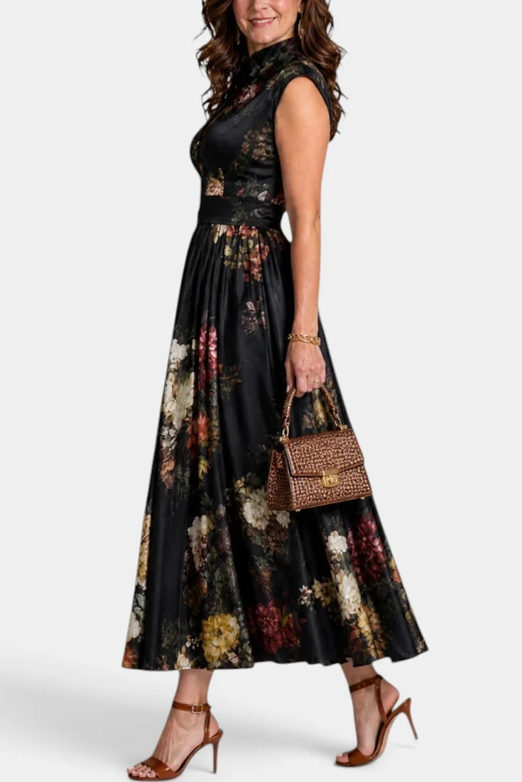 Abito midi vintage a fiori senza maniche, con scollo a goccia e cintura larga