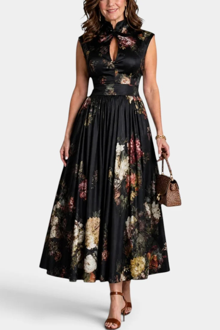 Abito midi vintage a fiori senza maniche, con scollo a goccia e cintura larga
