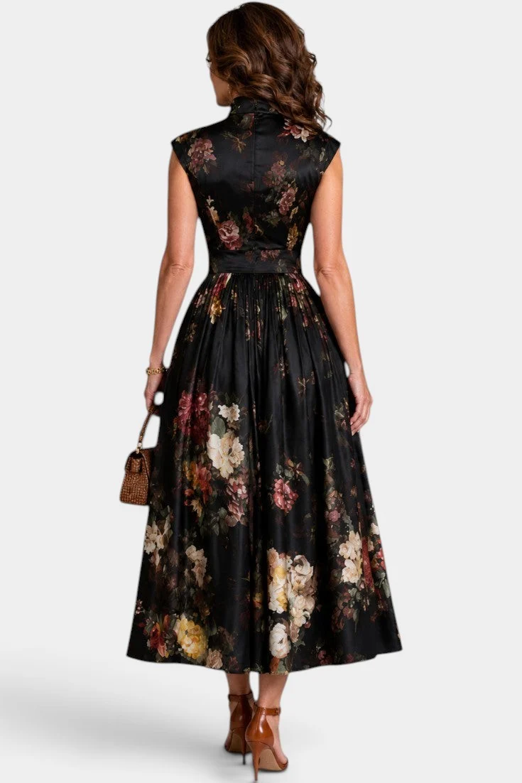 Abito midi vintage a fiori senza maniche, con scollo a goccia e cintura larga