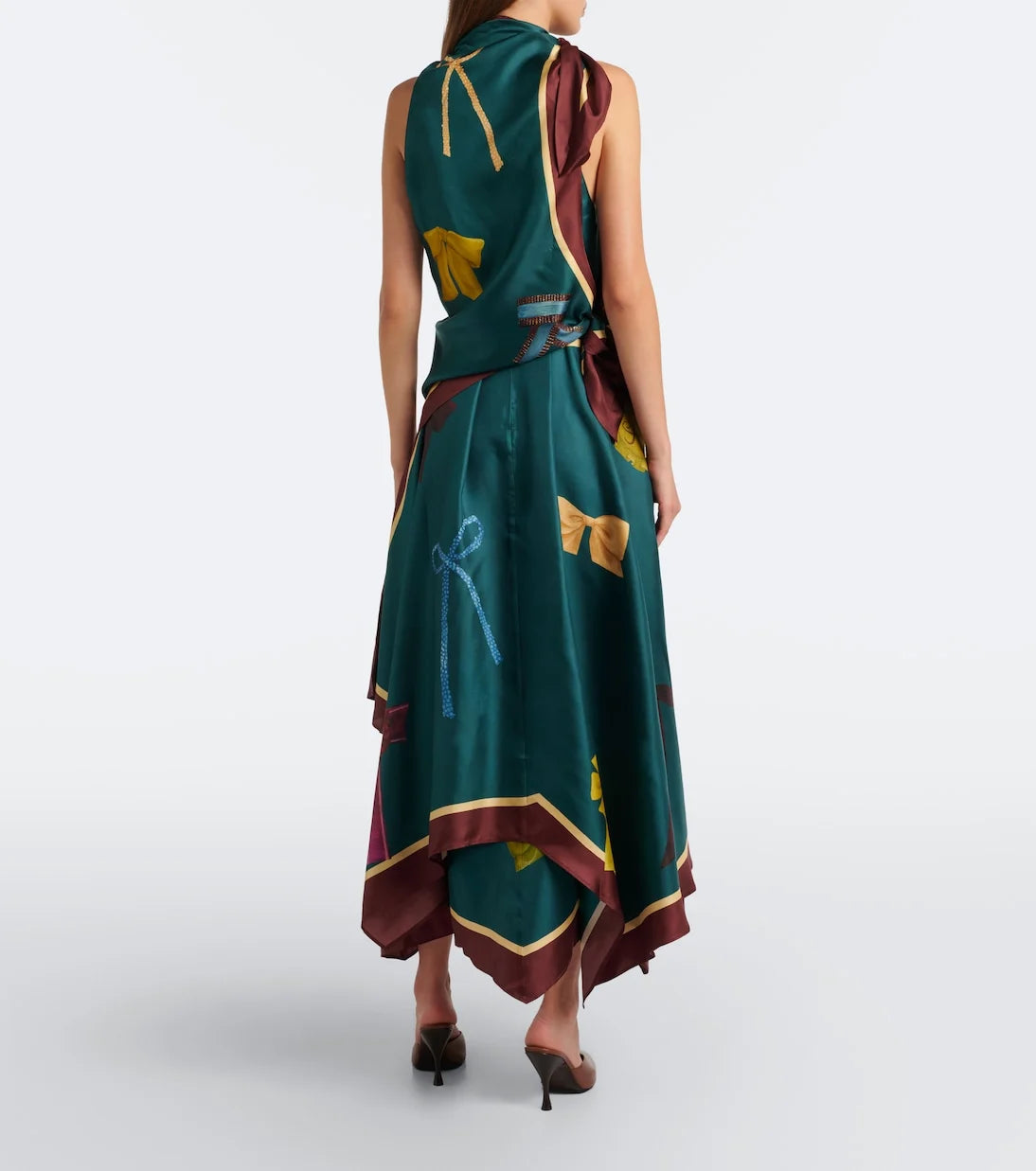 Green Scarf Print Halter Neckline Handkerchief Hem Satin Midi Dress [erp-image:279b148cd4bafedd2ce0794c]
