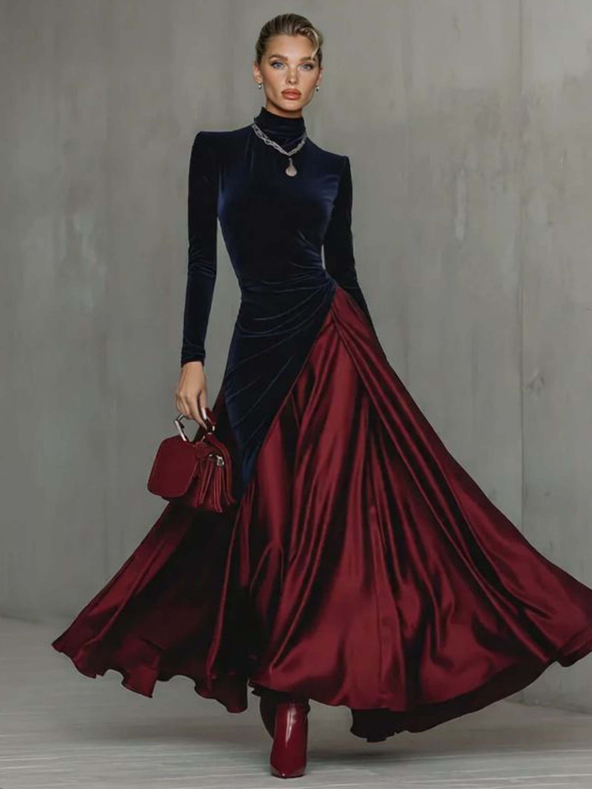 Abito maxi elegante in velluto e raso a blocchi di colore