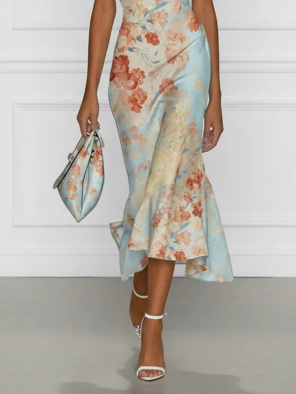 Vestido midi para mulher com estampado floral, ombros descobertos, nó torcido e saia em cetim com corte sereia – vestido de festa
