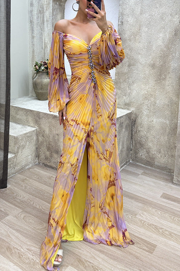 Off‑Shoulder Floral Print Pleated Maxi Dress Rhinestone Split Formal Evening Gown