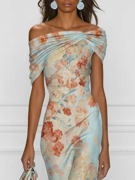 Vestido midi para mulher com estampado floral, ombros descobertos, nó torcido e saia em cetim com corte sereia – vestido de festa