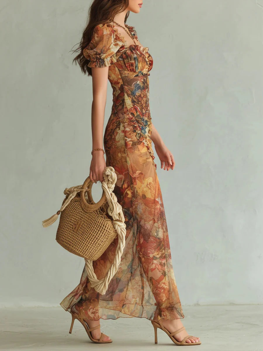 Vestido midi vintage com estampado floral, mangas balão, franzido e abertura