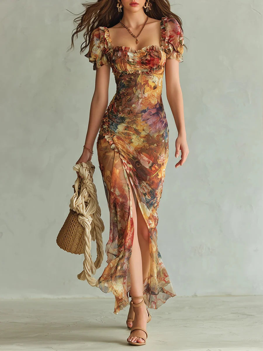 Vestido midi vintage com estampado floral, mangas balão, franzido e abertura