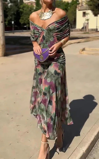 Off Shoulder Twisted Front Ruched Floral Midi Dress
