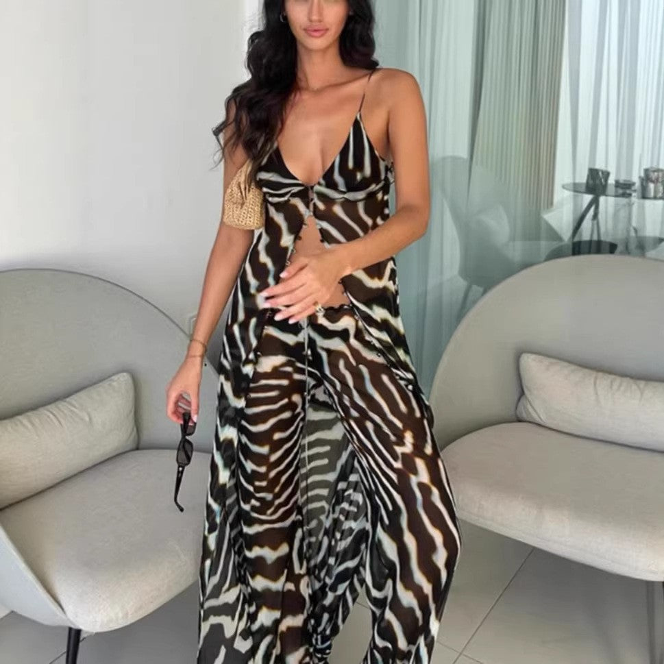 Conjunto de calças e cobertura comprida de praia, com estampado de zebra e top de alças transparente