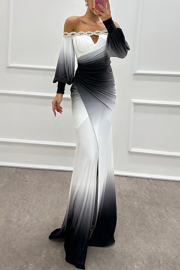 Ombre Off Shoulder Puff Sleeve Mermaid Evening Gown Women Ruched High Slit Formal Maxi Dress