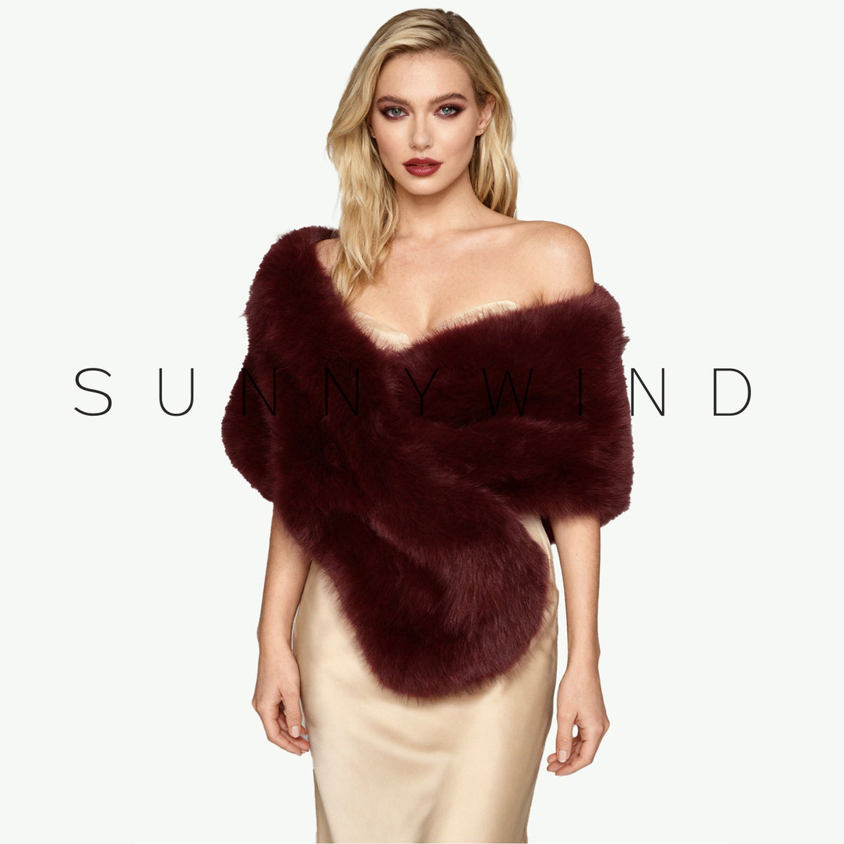 Stylish and elegant faux fur-collared shawl for evening party gowns.