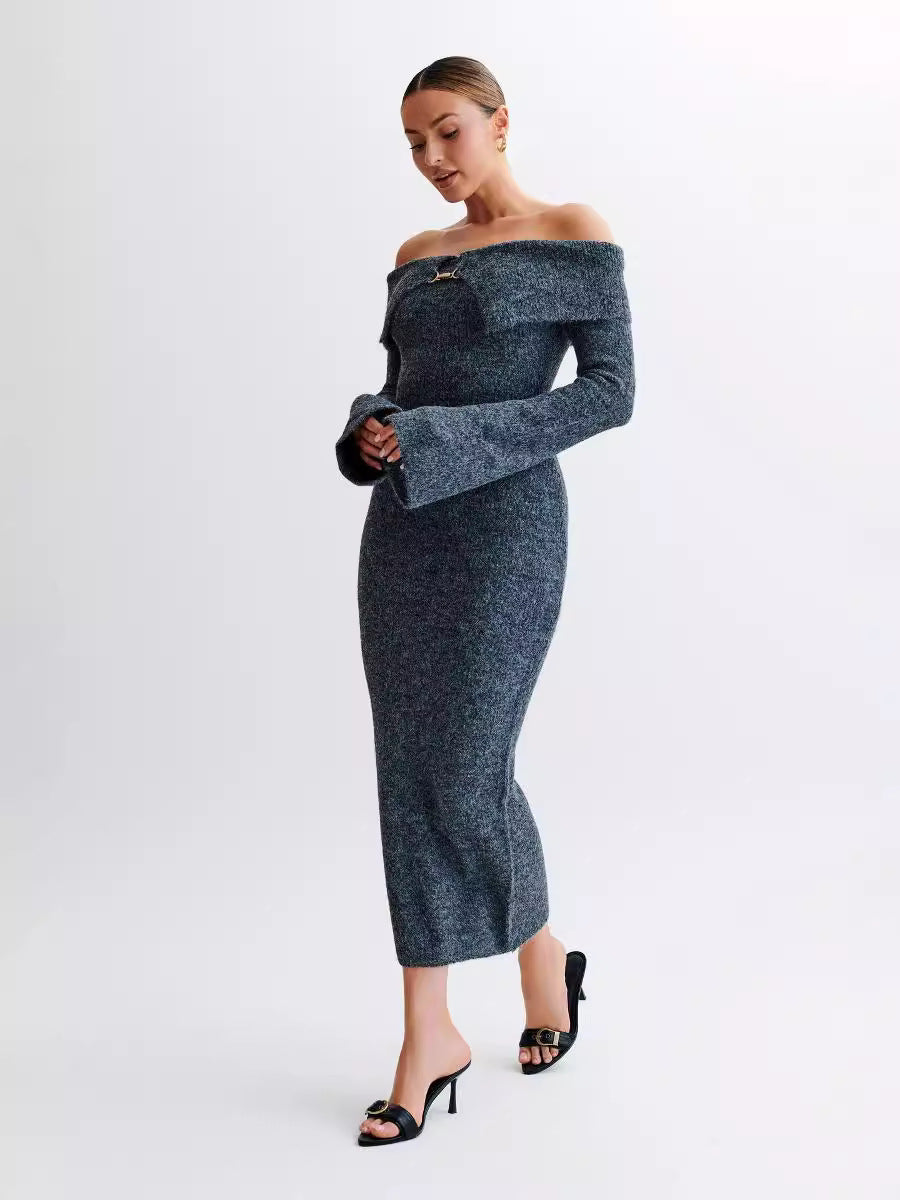Off-the-shoulder knitted sweater dress, form-fitting, hip-hugging style.