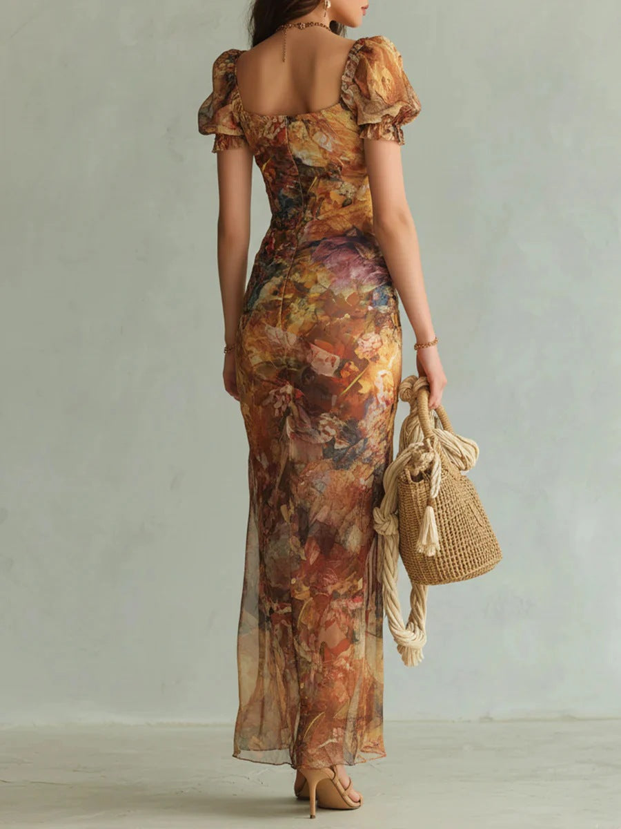 Vestido midi vintage com estampado floral, mangas balão, franzido e abertura