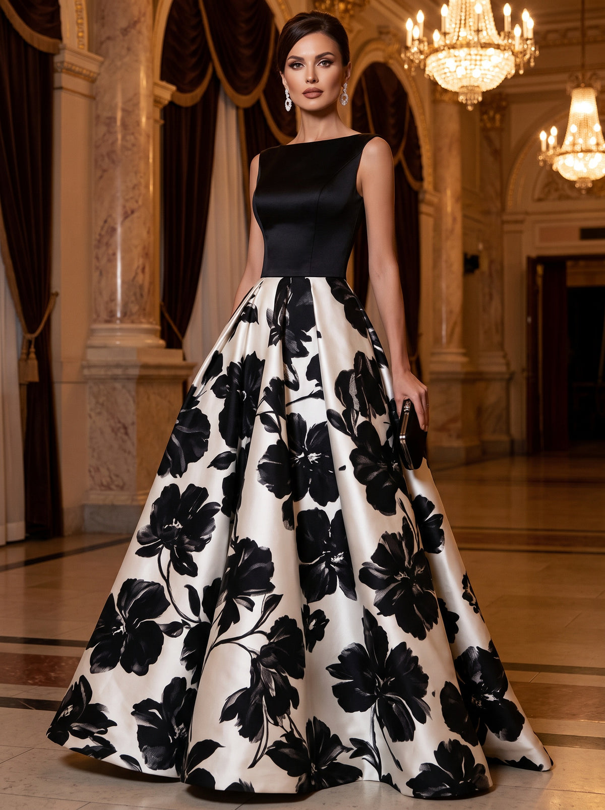 Bateau Neck Satin Black Floral Print Ball Gown Maxi Dress