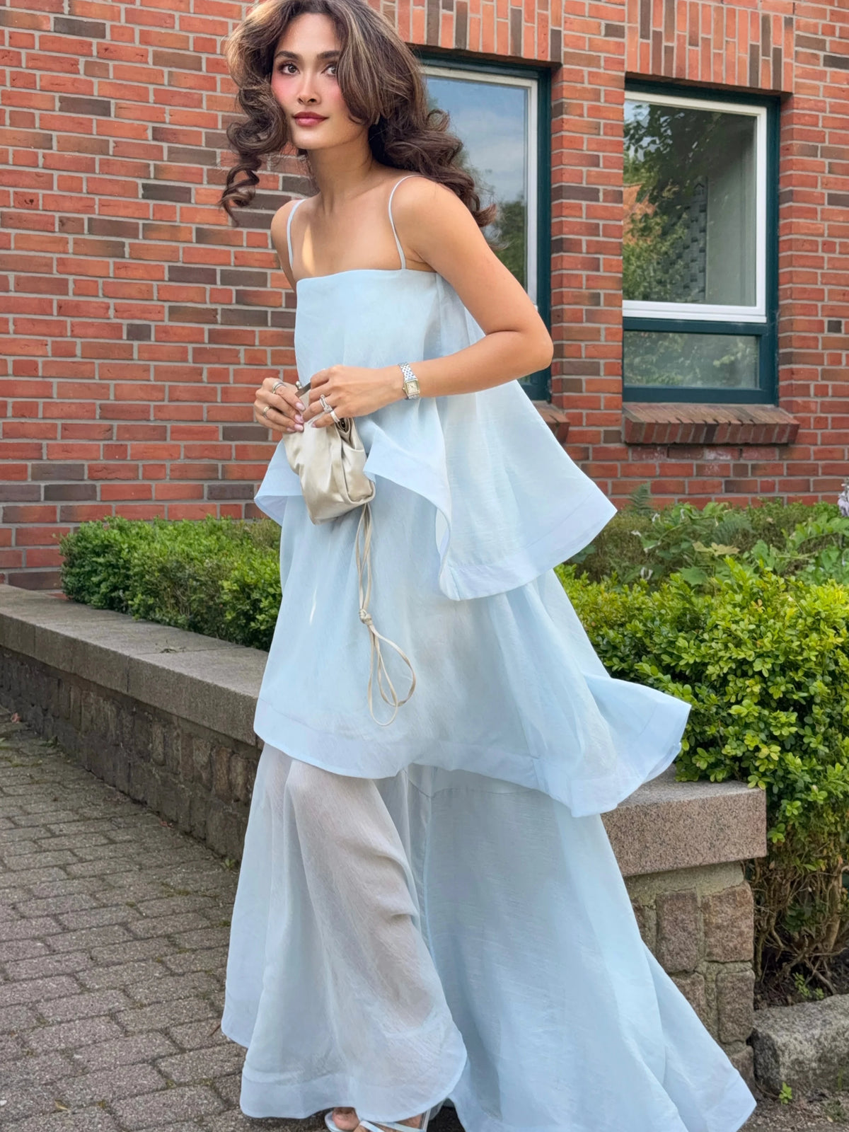 Light Blue Spaghetti Strap Layered Ruffle Tiered Maxi Dress