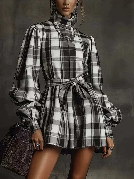 Kariertes Minihemdkleid in A-Linie mit Rollkragen, langen Laternenärmeln und Bindegürtel