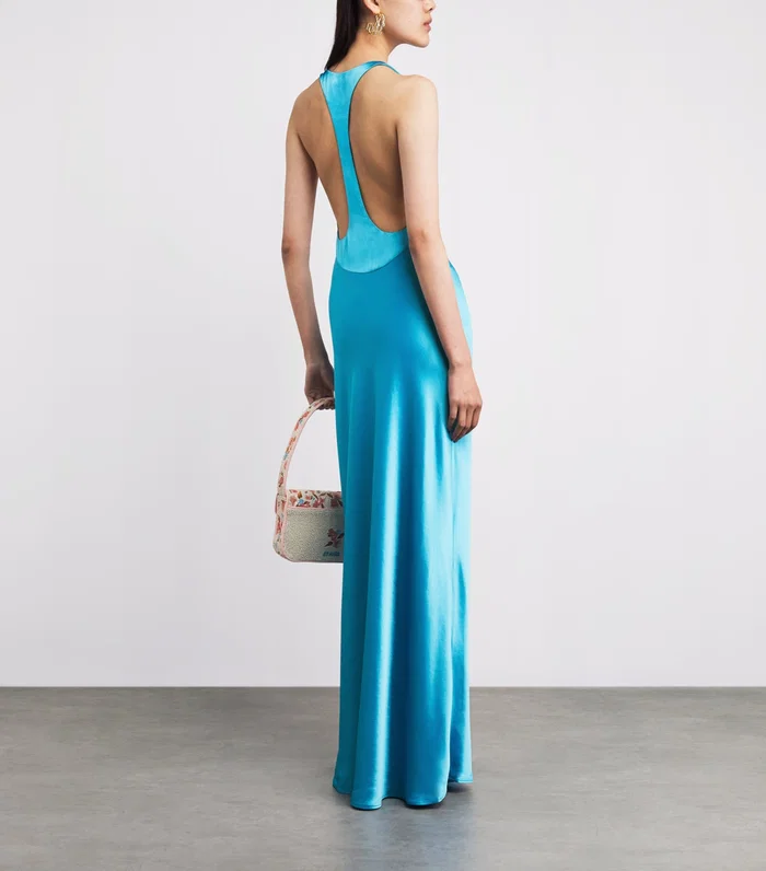 Vestido largo de satén azul eléctrico con cuello halter y espalda descubierta - vestido lencero de noche