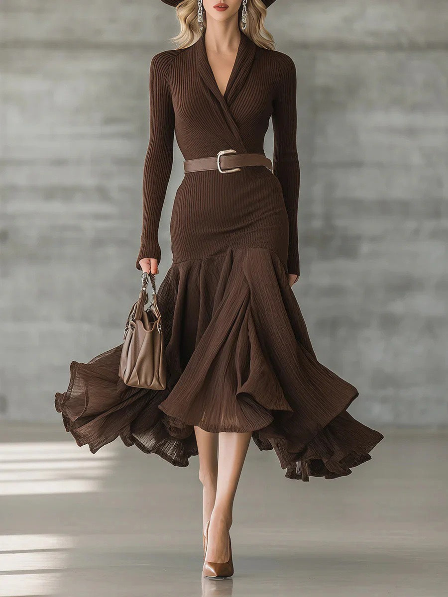 Chocolate Brown Ribbed Knit Mermaid Dress – Wrap V-Neck With Pleated Flounce Hem & Belt