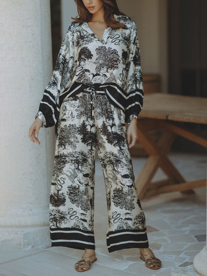 Pantalon ample en satin à imprimé floral jungle et jambes larges