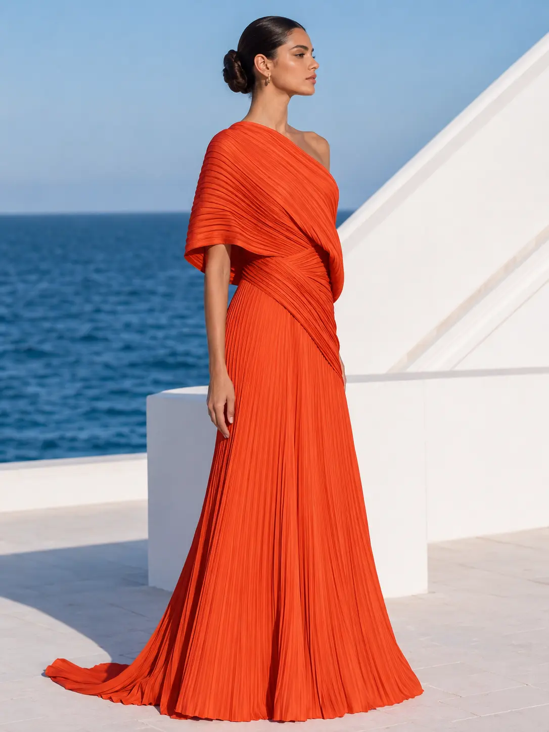 Vestido largo plisado naranja vibrante de un solo hombro – vestido de estilo griego