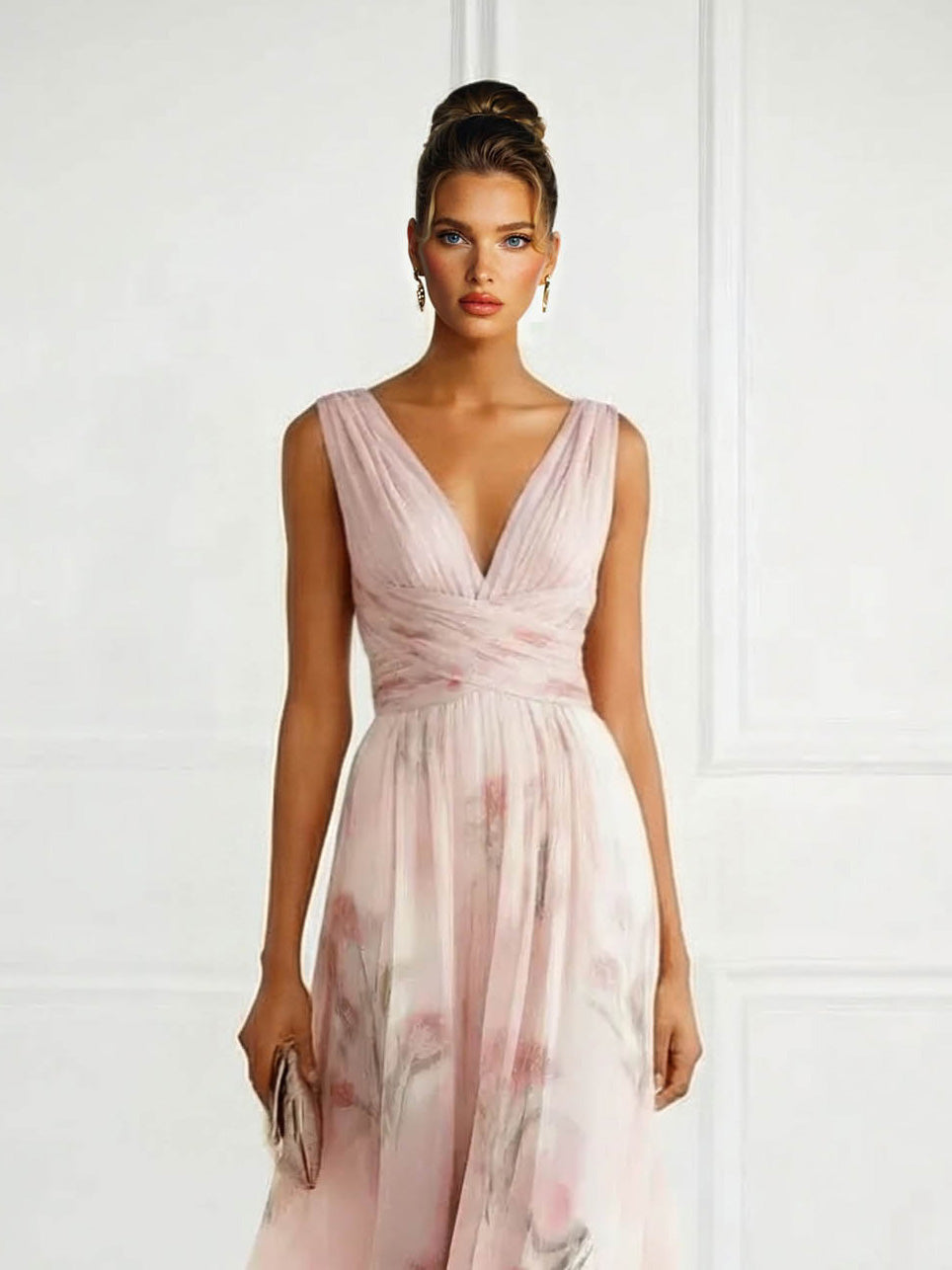 Elegante abito lungo in tulle con scollo a V e stampa floreale